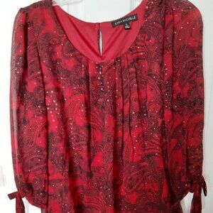 Sara Michelle Size Small Red Blouse w/Red Sparkles & 3/4" Sleeves